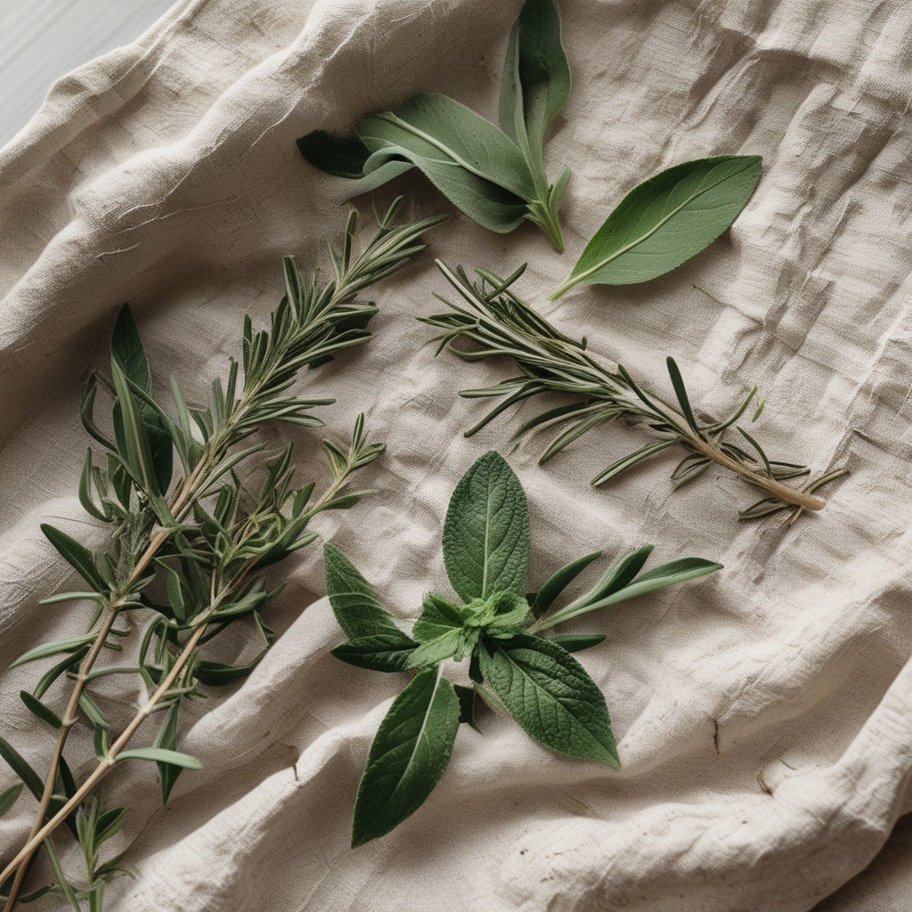 Dried and fresh aromatic herbs including rosemary, sage, and green tea leaves arranged on rough linen fabric with soft natural window light creating deep texture