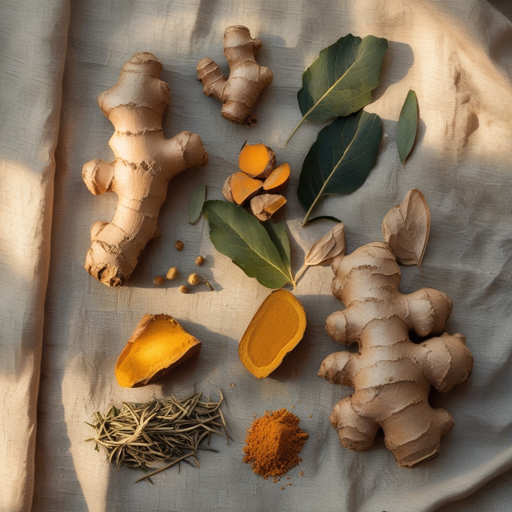 Dried botanical herbs and plant roots including ginger root, turmeric pieces, and various dried leaves arranged on aged linen with warm diffused natural light creating a herbalist aesthetic
