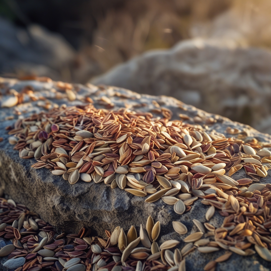 Macro photograph of assorted dried seeds, sunflower seeds, pumpkin seeds and flaxseeds scattered on a rough stone background with natural side lighting