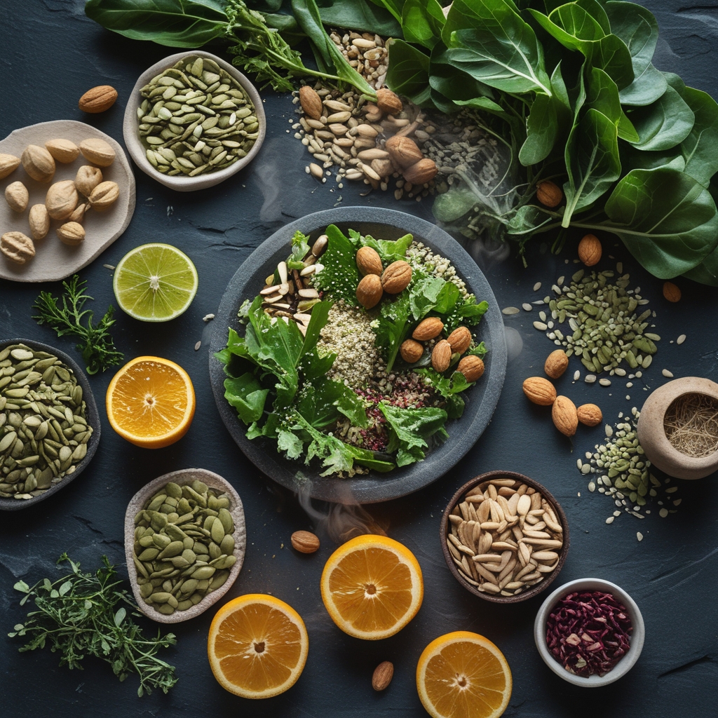 Close-up of a variety of raw whole foods including leafy greens, seeds, nuts, and citrus fruits arranged on a dark stone surface in natural daylight